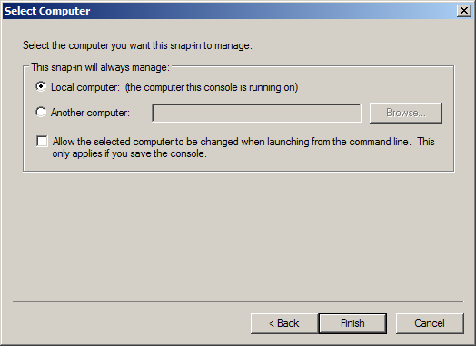 -- (sida 2 av 4) 4. Välj alternativet Computer account och klicka på Next >. 5. Förvalt ska denna "snap-in" hantera lokala datorn, klicka på Finish. 6.
