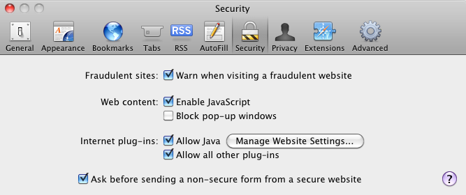 I Safari-menyn, välj Preferences. Tillåt Java under fliken Security.