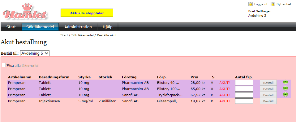 Manual Hamlet 1.6 Sidan 22 av 79 2.4. Akutbeställning Sök aktuellt läkemedel. Klicka på AKUTBESTÄLLNING.