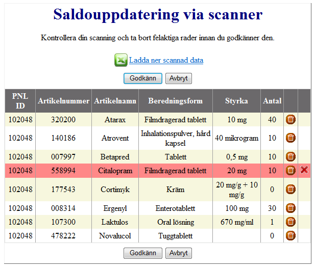 Här kan man också ta bort rader genom att trycka på papperskorgssymbolen på raden.
