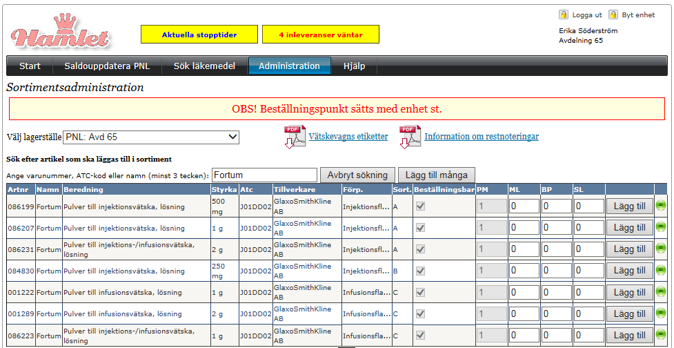 Manual Hamlet 1.6 Sidan 61 av 79 En eller flera sökträffar visas. Fyll i ML (maxlager) och BP (beställningspunkt) för den artikel som skall läggas till i sortimentet.