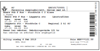 Resplusbiljett Giltighetstid: Vanligtvis anges avgångs- och ankomsttid för SL-sträckan men biljetten gäller på valfri förbindelse den aktuella sträckan på den angivna giltighetsdagen.