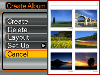 ANVÄNDNING AV KAMERAN MED EN DATOR 2. Uppvisa rutan PLAY, välj Create Album och tryck sedan på [ ]. Layoutexempel 3. Använd [ ] och [ ] för att välja Create och tryck sedan på [SET].