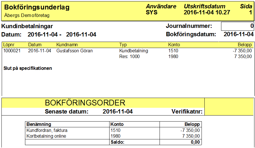 Om betalningen går bra visas följande kvittoruta. Kortet är nu debiterat och en e-post skickas till kundens e-postadress.