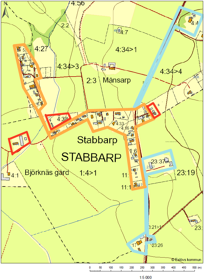 4.4 Stabbarp närliggande Översiktskarta över utredningsområdet Stabbarp närliggande Kartan visar befintliga verksamhetområden för spill- och dricksvatten (orange linje) och endast dricksvatten (blå
