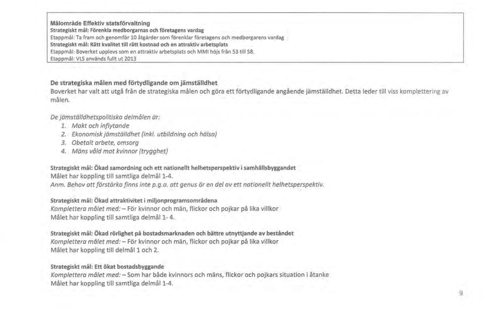 Etappmål: VLS används fullt ut 2013 De strategiska målen med förtydligande om jämställdhet Boverket har valt att utgå från de strategiska målen och göra ett förtydligande angående jämställdhet.