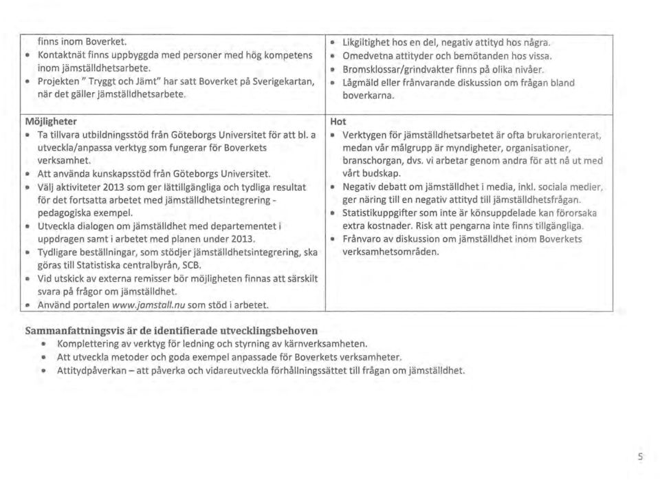 Bromsklossar/grindvakter finns på olika nivåer. Lågmäld eller frånvarande diskussion om frågan bland boverkarna. Möjligheter Ta tillvara utbildningsstöd från Göteborgs Universitet för att bl.
