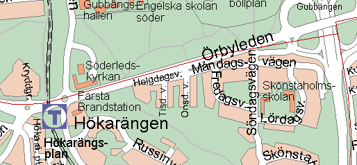 Genom området går en gångväg som bl.a. tjänar som kommunikation till och från tunnelbanestationen i Hökarängen samt mellan skola och parklek.