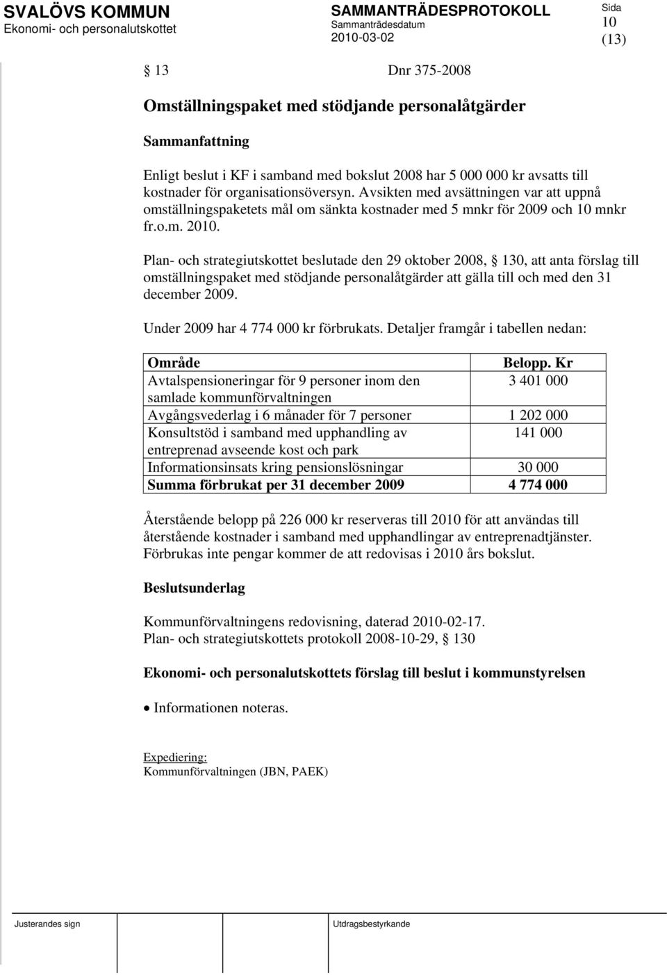 Avsikten med avsättningen var att uppnå omställningspaketets mål om sänkta kostnader med 5 mnkr för 2009 och 10 mnkr fr.o.m. 2010.