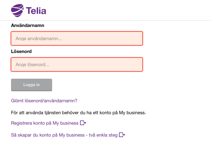 Telia Touchpoint Handbok för adminwebben 3 1. Inloggning i adminwebben För att du ska kunna administrera Telia Touchpoint i adminwebben loggar du in med ditt MyBusinesskonto.