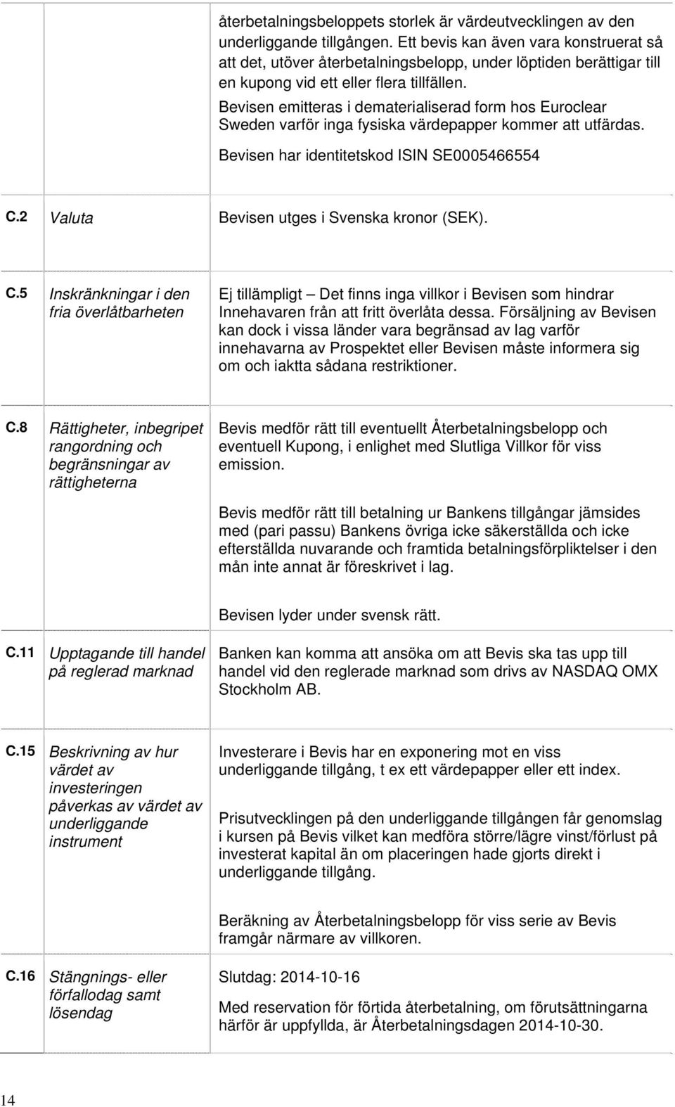 Bevisen emitteras i dematerialiserad form hos Euroclear Sweden varför inga fysiska värdepapper kommer att utfärdas. Bevisen har identitetskod ISIN SE0005466554 C.