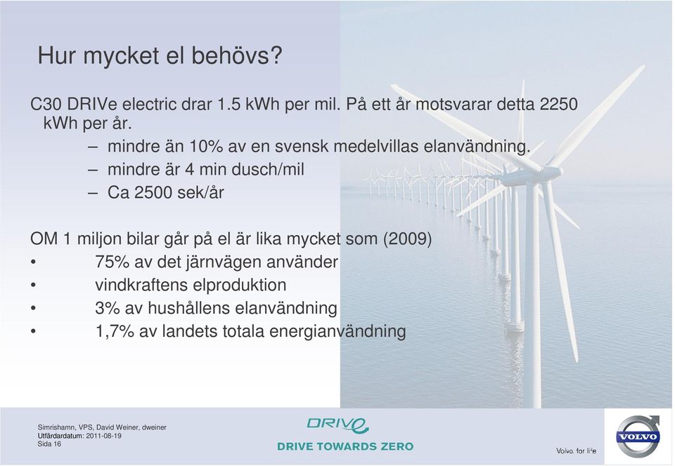 mindre är 4 min dusch/mil Ca 2500 sek/år OM 1 miljon bilar går på el är lika mycket som (2009)