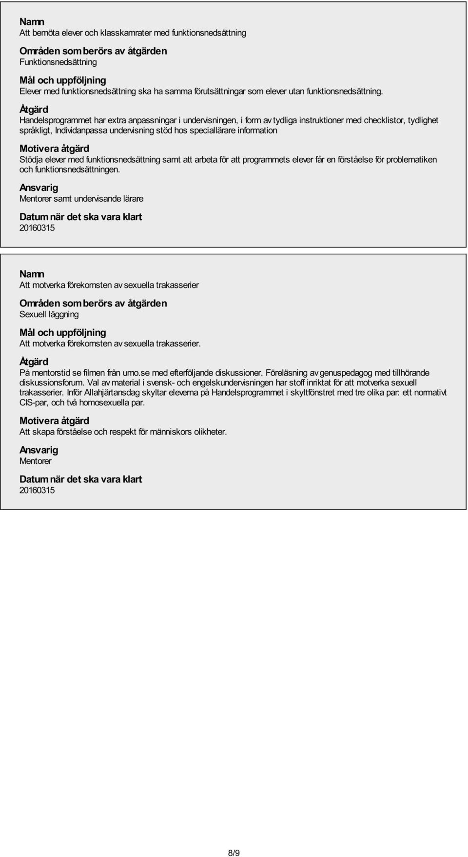 Åtgärd Handelsprogrammet har extra anpassningar i undervisningen, i form av tydliga instruktioner med checklistor, tydlighet språkligt, Individanpassa undervisning stöd hos speciallärare information