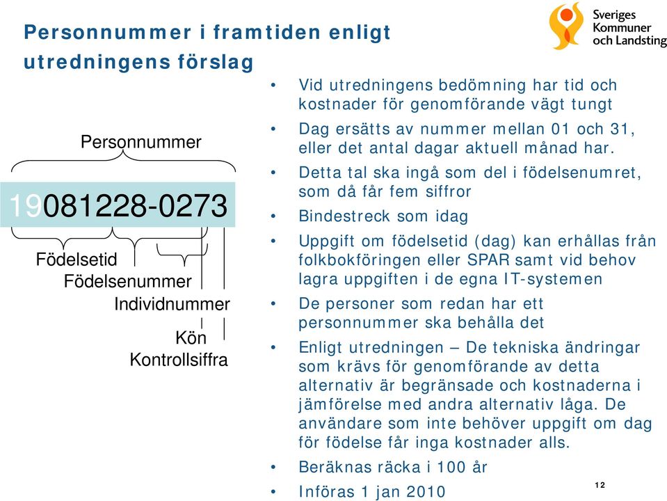 Detta tal ska ingå som del i födelsenumret, som då får fem siffror Bindestreck som idag Uppgift om födelsetid (dag) kan erhållas från folkbokföringen eller SPAR samt vid behov lagra uppgiften i de