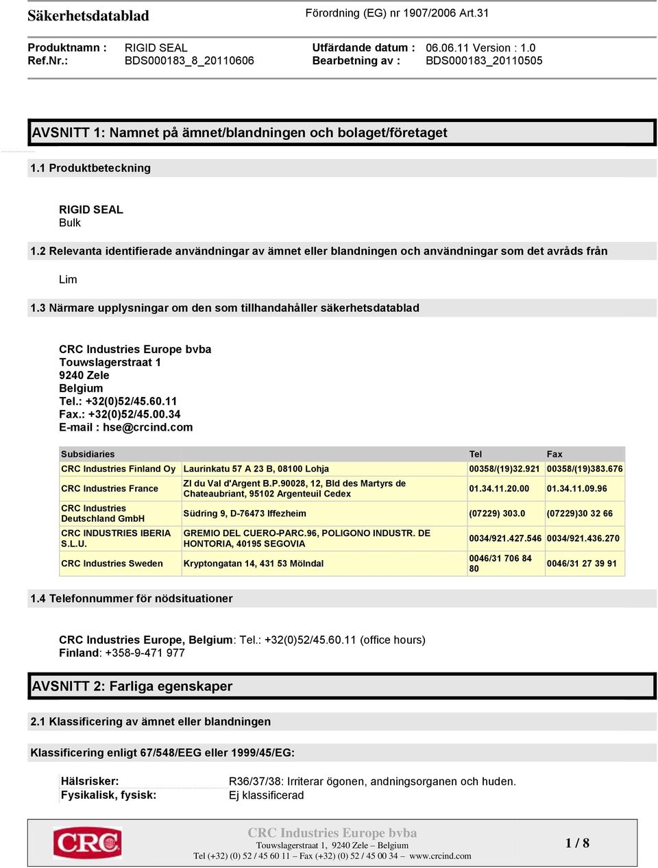 3 Närmare upplysningar om den som tillhandahåller säkerhetsdatablad Touwslagerstraat 1 9240 Zele Belgium Tel.: +32(0)52/45.60.11 Fax.: +32(0)52/45.00.34 E-mail : hse@crcind.