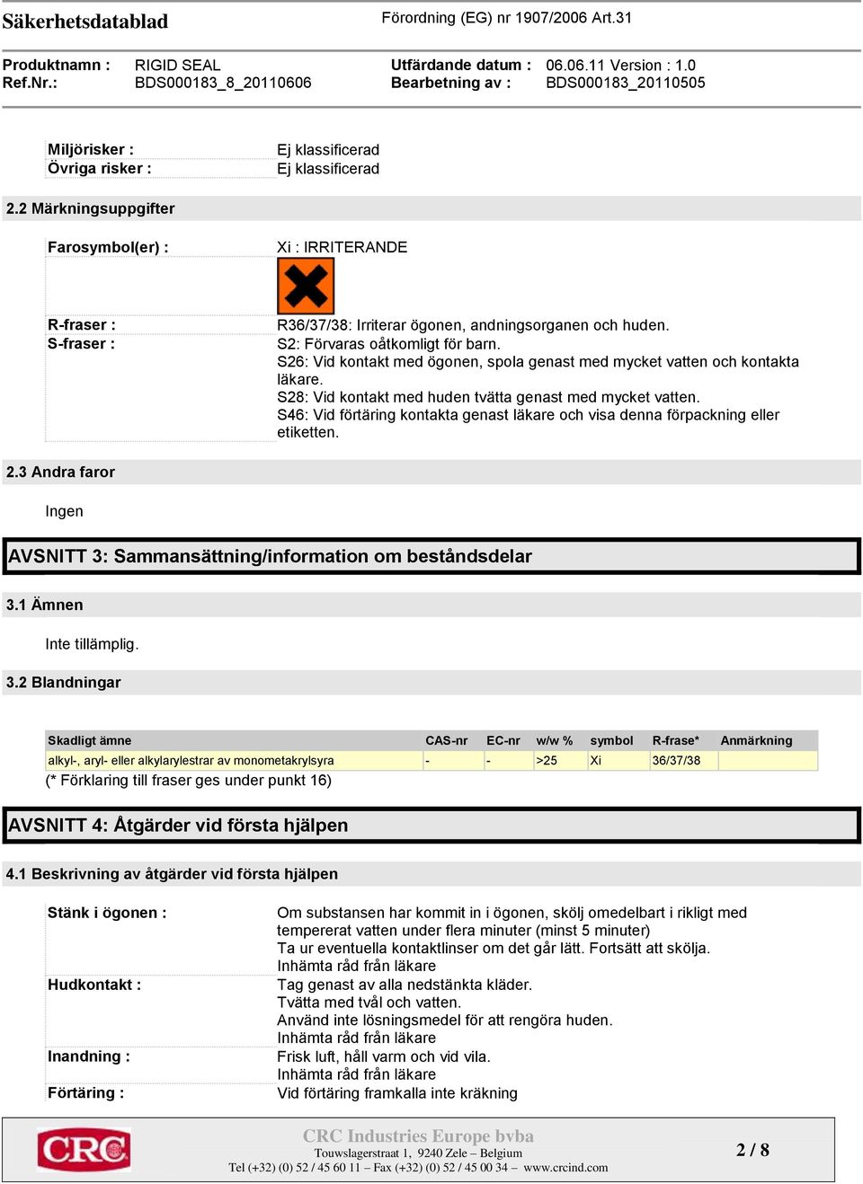 S46: Vid förtäring kontakta genast läkare och visa denna förpackning eller etiketten. 2.3 Andra faror Ingen AVSNITT 3: