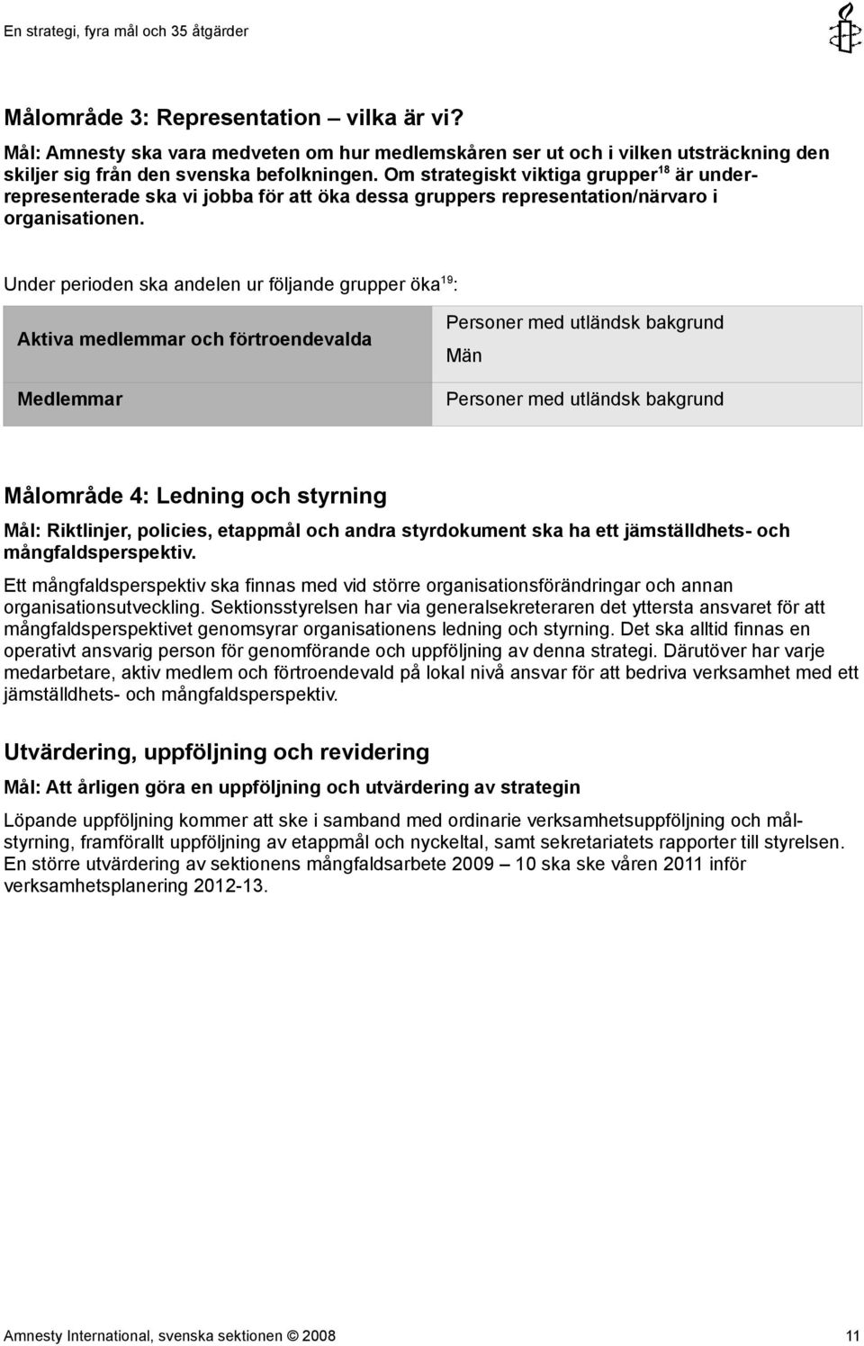 Under perioden ska andelen ur följande grupper öka 19 : Aktiva medlemmar och förtroendevalda Medlemmar Personer med utländsk bakgrund Män Personer med utländsk bakgrund Målområde 4: Ledning och