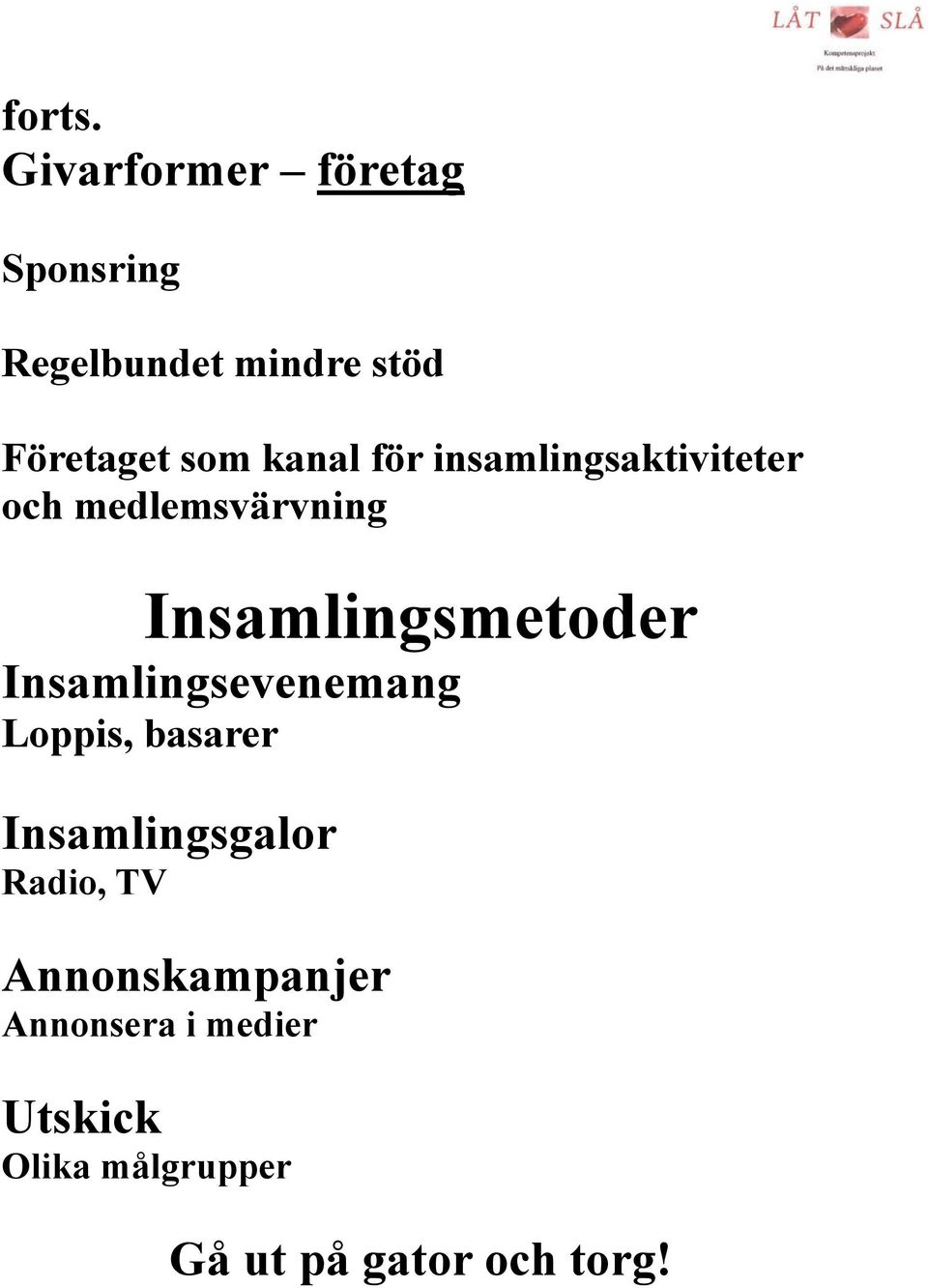kanal för insamlingsaktiviteter och medlemsvärvning Insamlingsmetoder