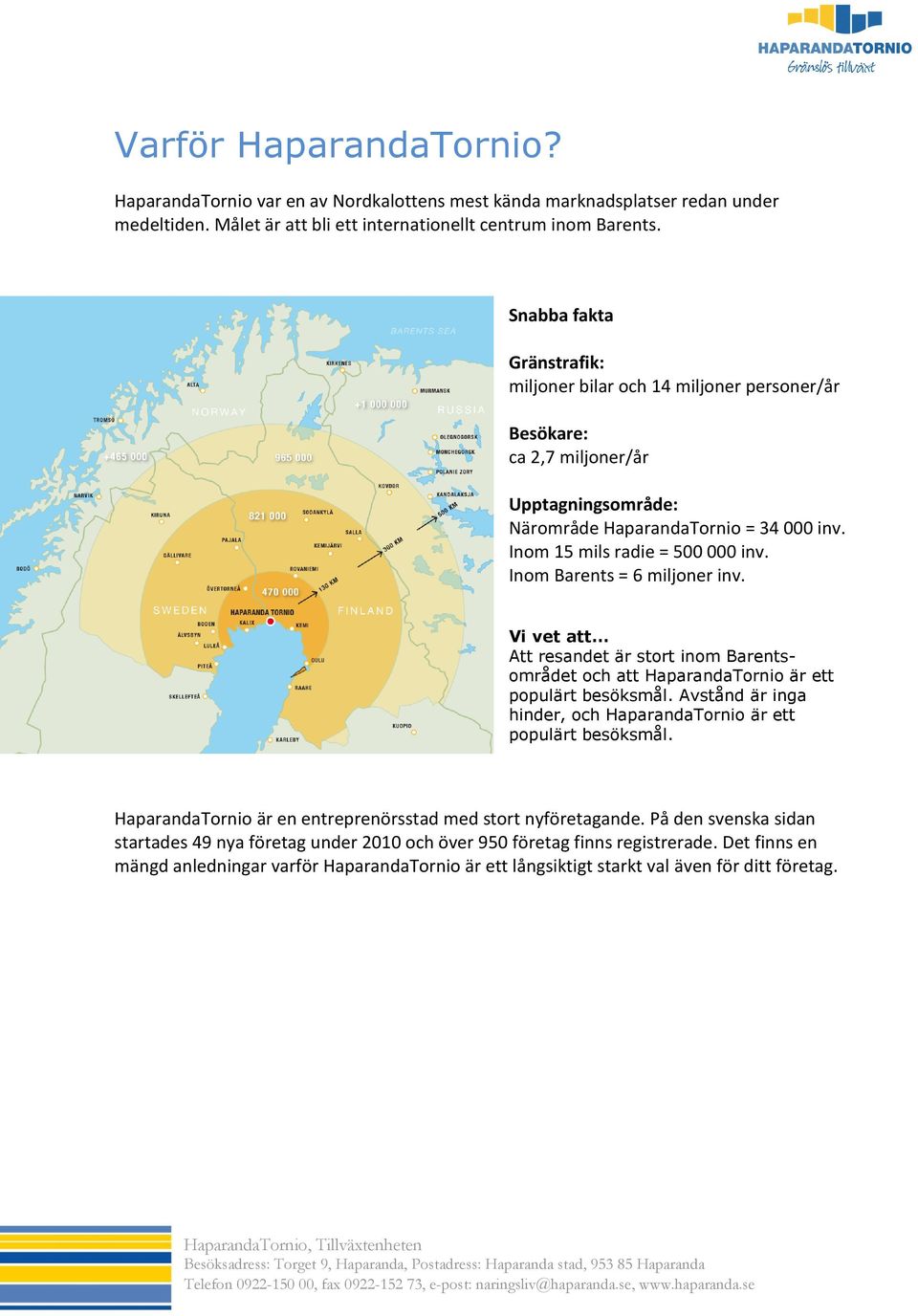 Inom Barents = 6 miljoner inv. Vi vet att Att resandet är stort inom Barentsområdet och att HaparandaTornio är ett populärt besöksmål.