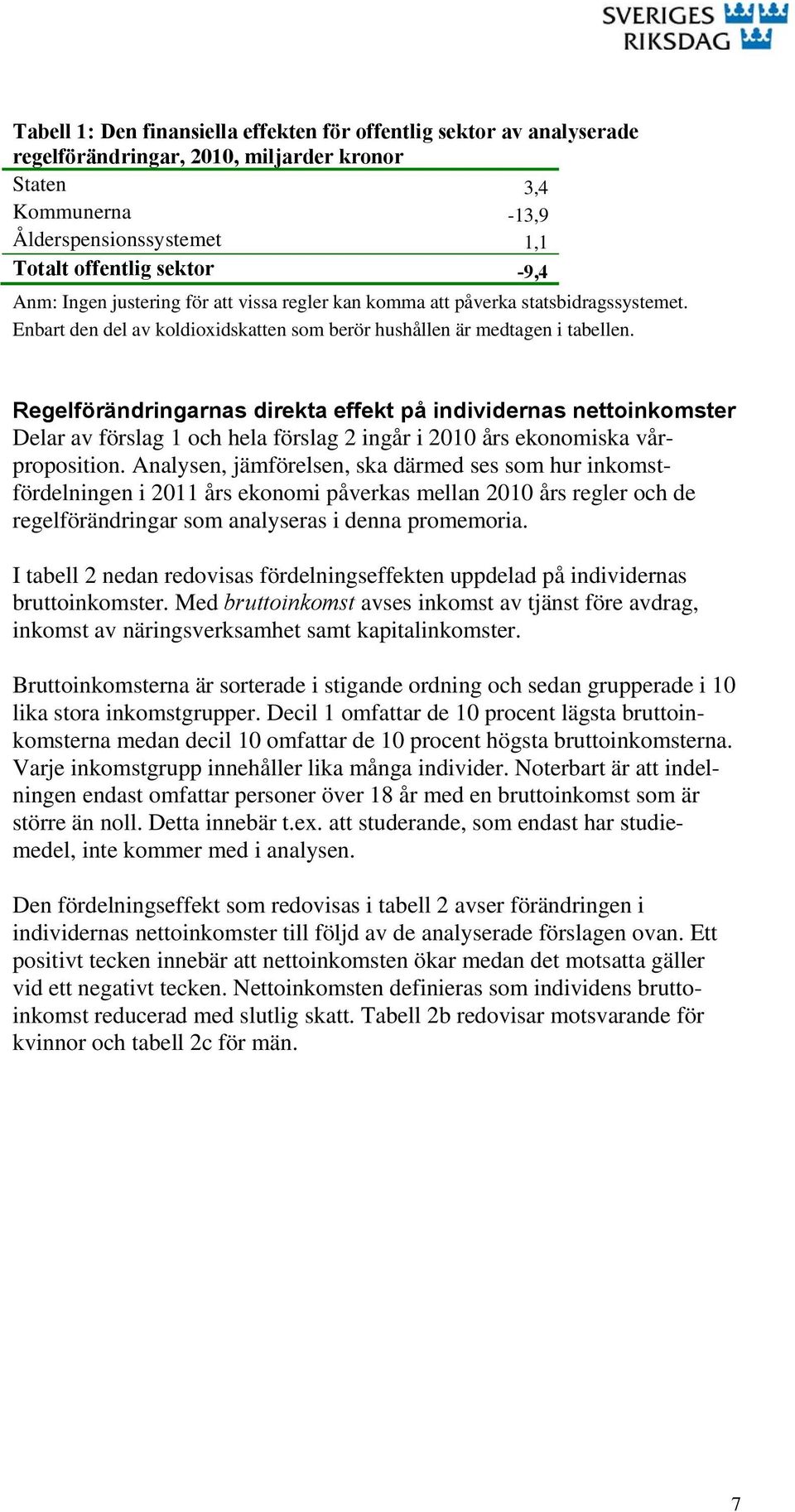 Regelförändringarnas direkta effekt på individernas nettoinkomster Delar av förslag 1 och hela förslag 2 ingår i 2010 års ekonomiska vårproposition.