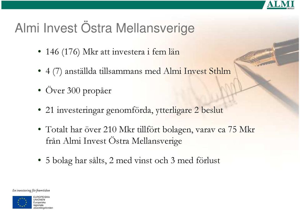 genomförda, ytterligare 2 beslut Totalt har över 210 Mkr tillfört bolagen, varav