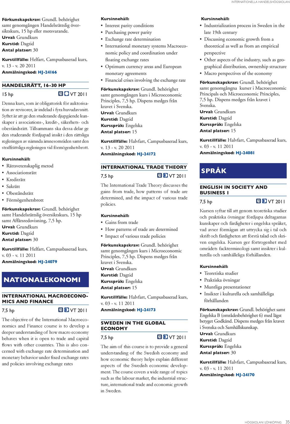 30 Helfart, Campusbaserad kurs, Interest parity conditions Purchasing power parity Exchange rate determination International monetary systems Macroeconomic policy and coordination under floating