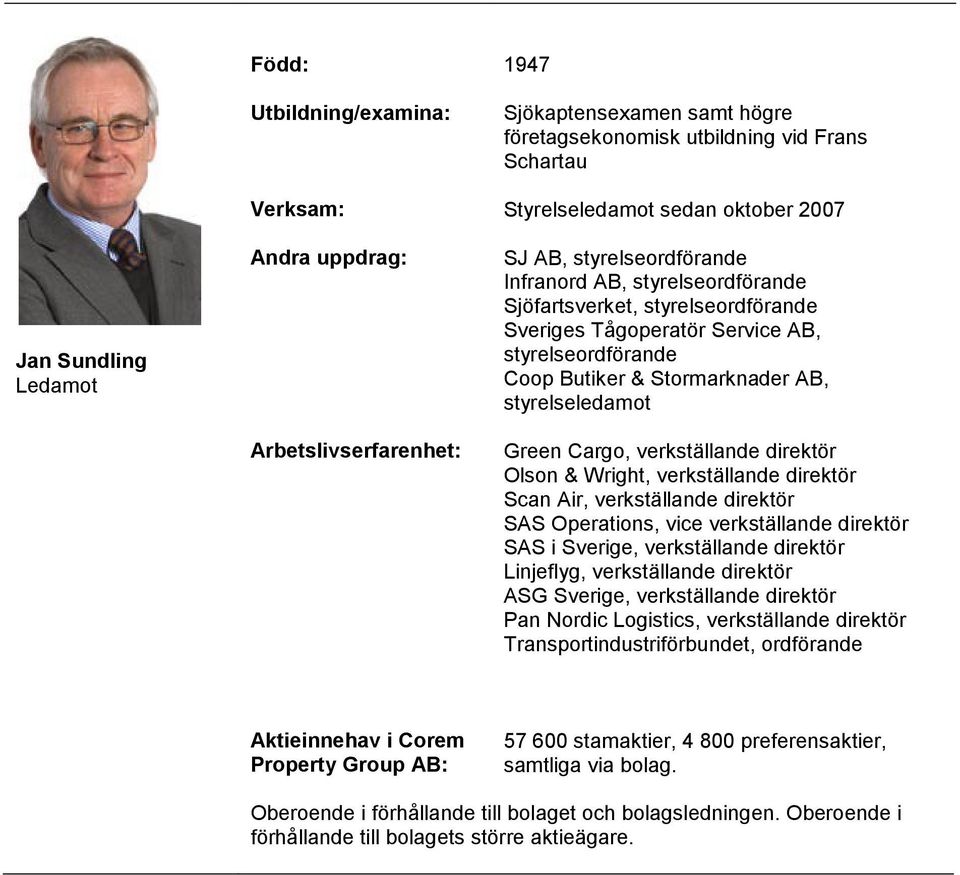 direktör Olson & Wright, verkställande direktör Scan Air, verkställande direktör SAS Operations, vice verkställande direktör SAS i Sverige, verkställande direktör Linjeflyg,