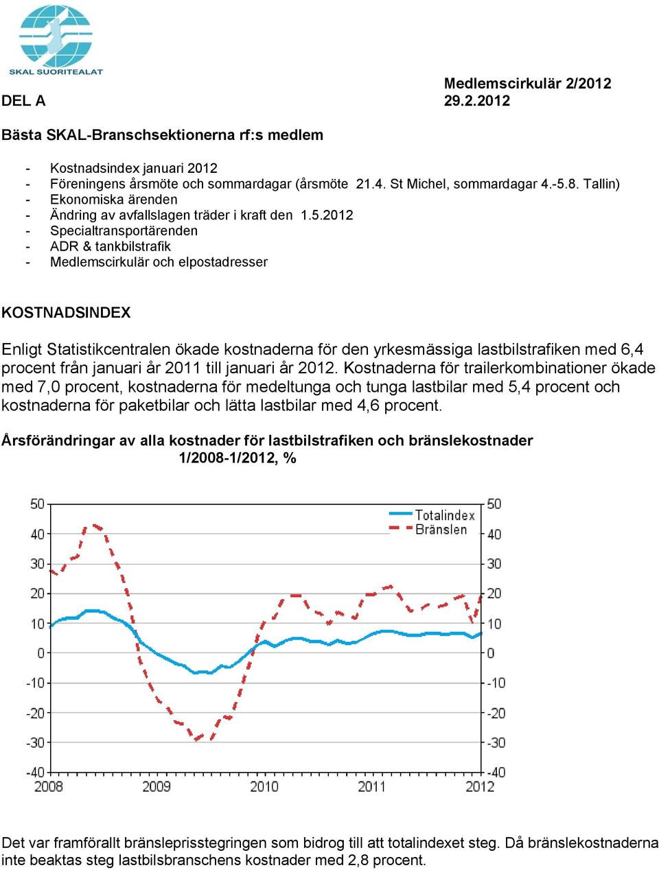 2012 - Specialtransportärenden - ADR & tankbilstrafik - Medlemscirkulär och elpostadresser KOSTNADSINDEX Enligt Statistikcentralen ökade kostnaderna för den yrkesmässiga lastbilstrafiken med 6,4
