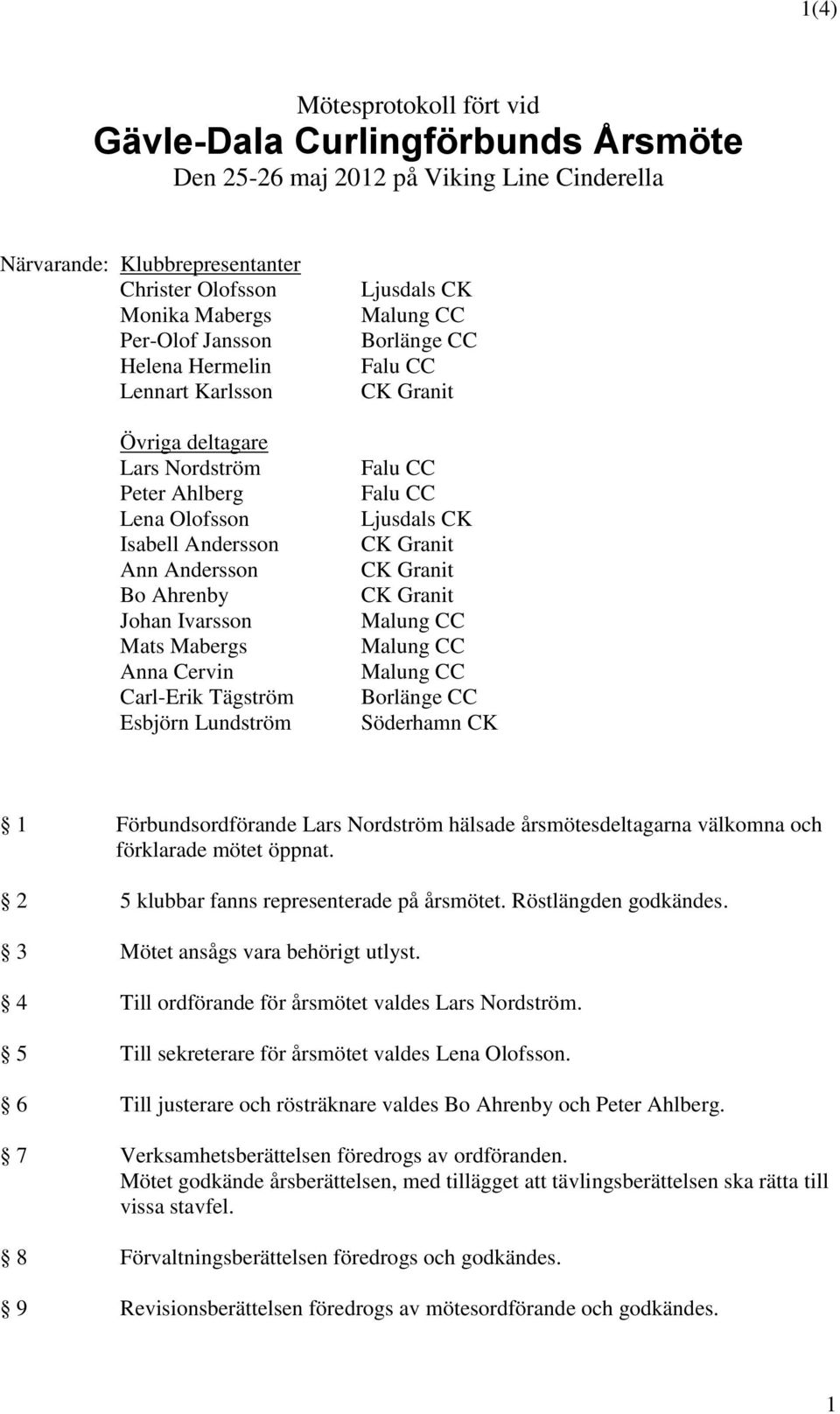 Lundström Ljusdals CK Borlänge CC Ljusdals CK Borlänge CC Söderhamn CK 1 Förbundsordförande Lars Nordström hälsade årsmötesdeltagarna välkomna och förklarade mötet öppnat.