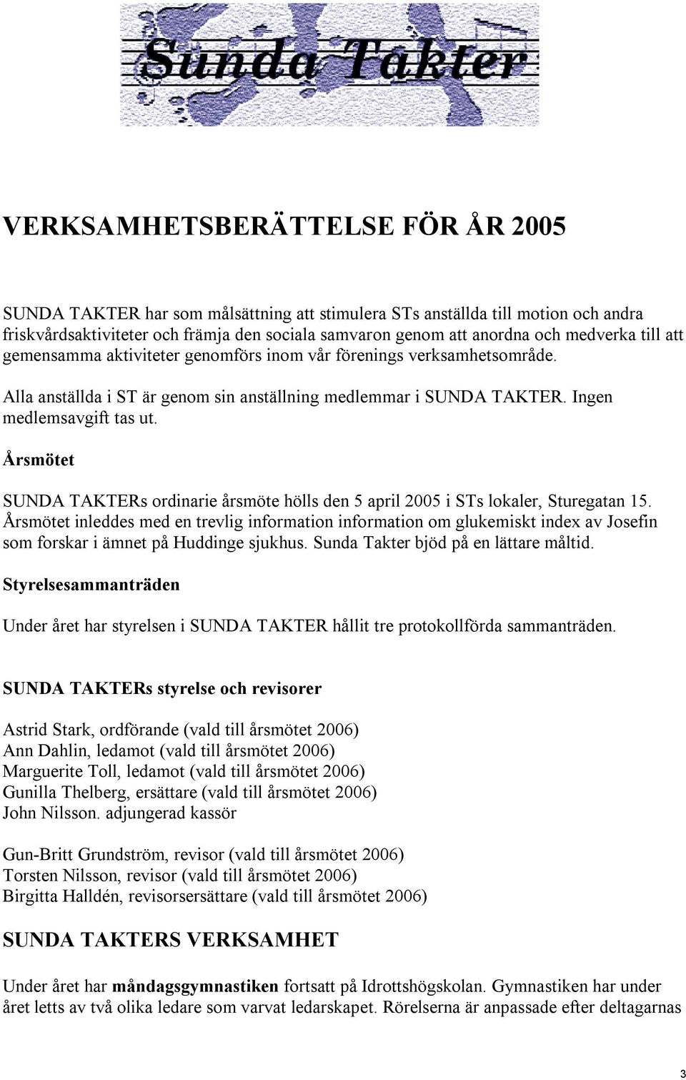 Årsmötet SUNDA TAKTERs ordinarie årsmöte hölls den 5 april 2005 i STs lokaler, Sturegatan 15.