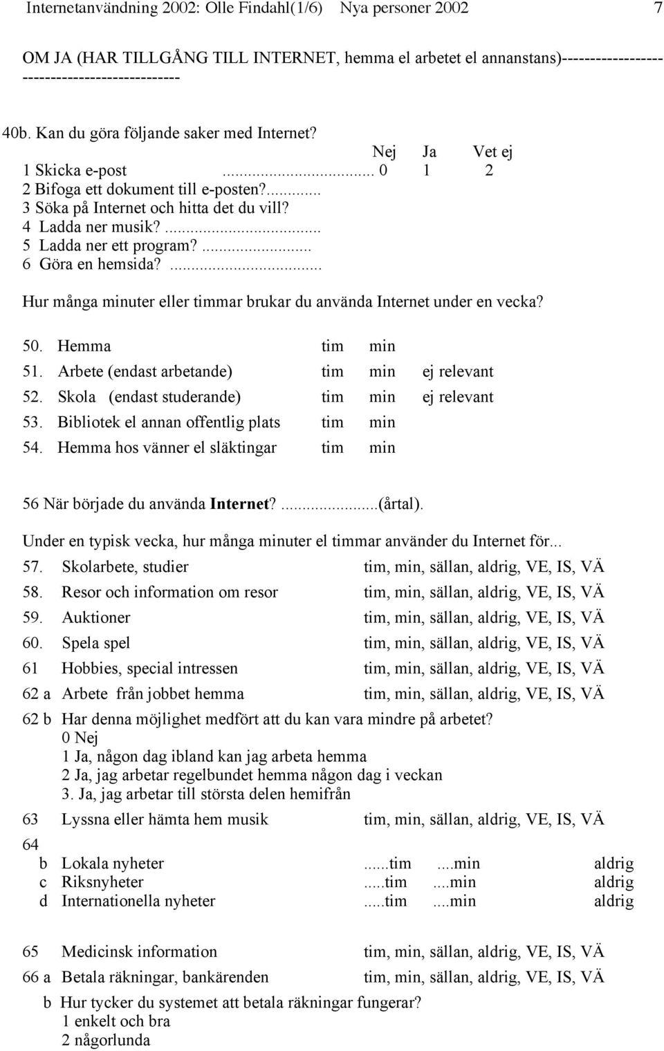 ... 5 Ladda ner ett program?... 6 Göra en hemsida?... Hur många minuter eller timmar brukar du använda Internet under en vecka? 50. Hemma tim min 51. Arbete (endast arbetande) tim min ej relevant 52.