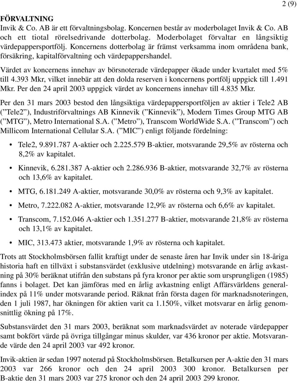 Värdet av koncernens innehav av börsnoterade värdepapper ökade under kvartalet med 5% till 4.393 Mkr, vilket innebär att den dolda reserven i koncernens portfölj uppgick till 1.491 Mkr.