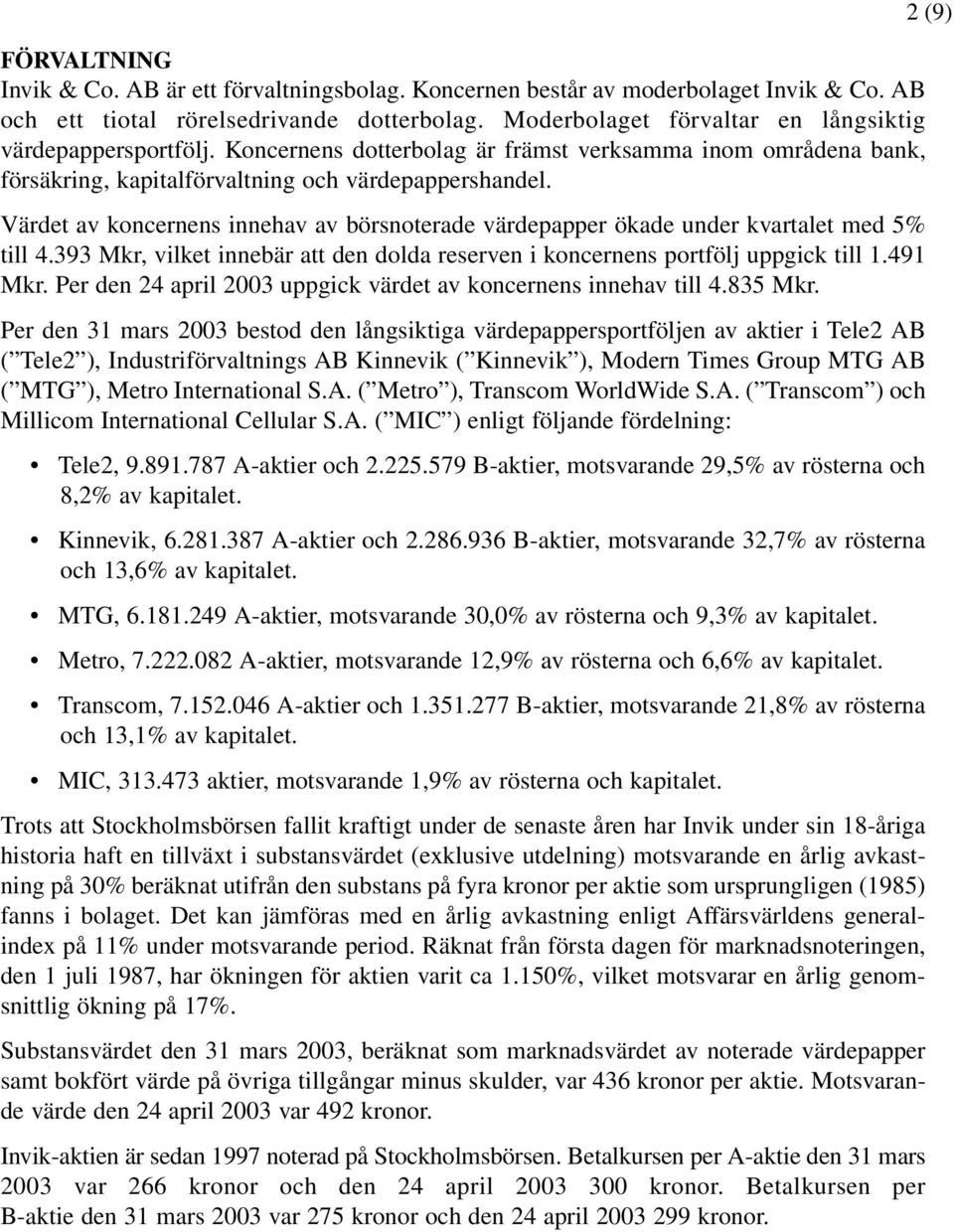 Värdet av koncernens innehav av börsnoterade värdepapper ökade under kvartalet med 5% till 4.393 Mkr, vilket innebär att den dolda reserven i koncernens portfölj uppgick till 1.491 Mkr.