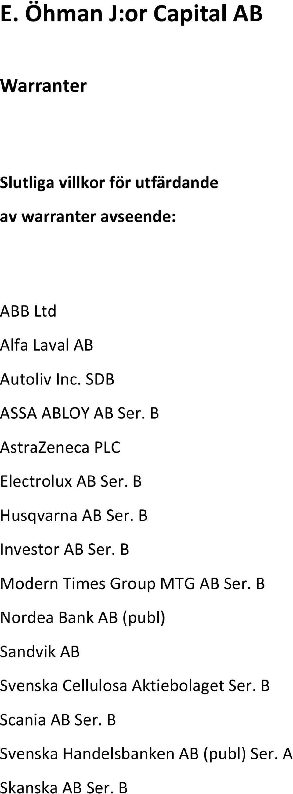 B Husqvarna AB Ser. B Investor AB Ser. B Modern Times Group MTG AB Ser.