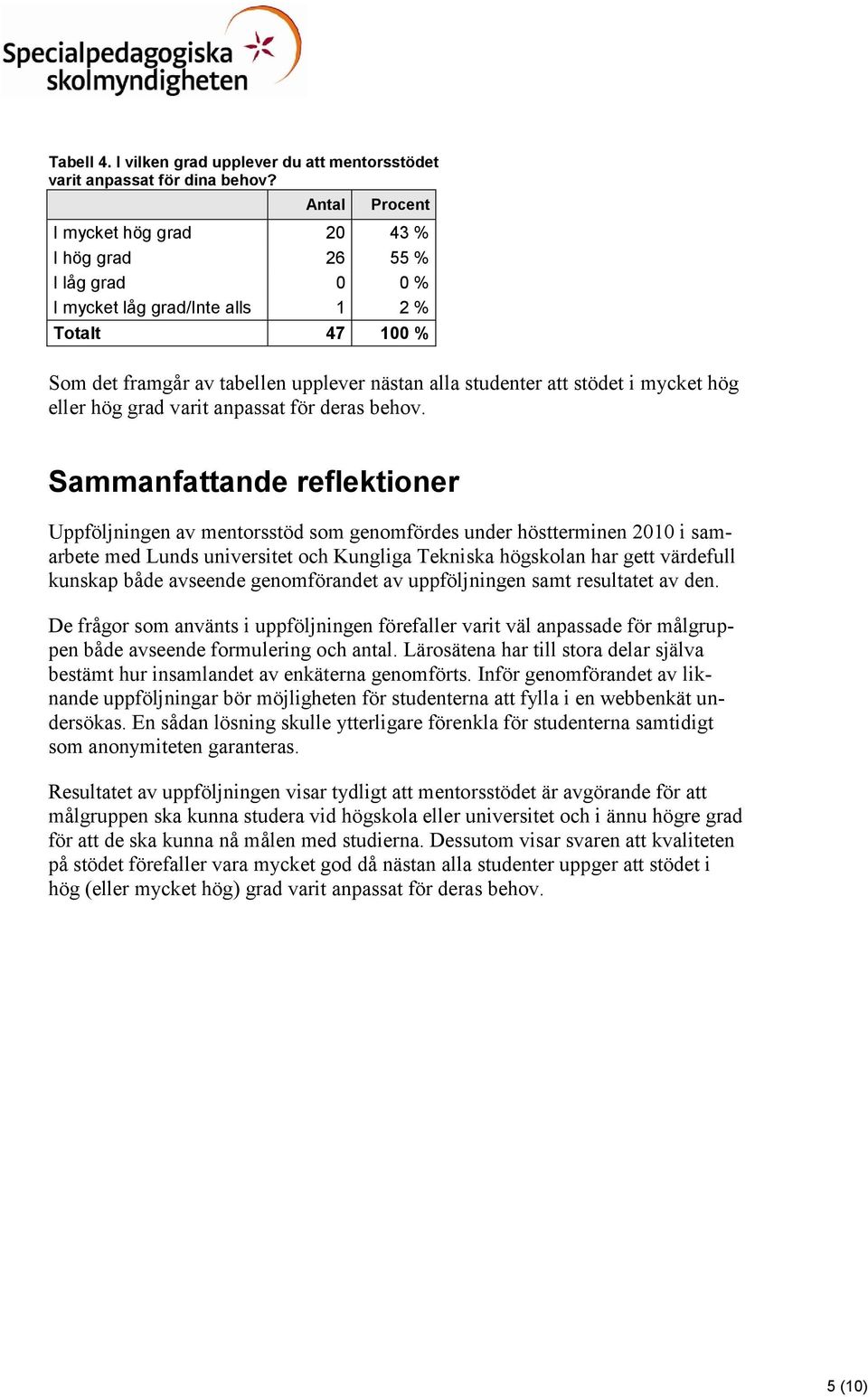 mycket hög eller hög grad varit anpassat för deras behov.