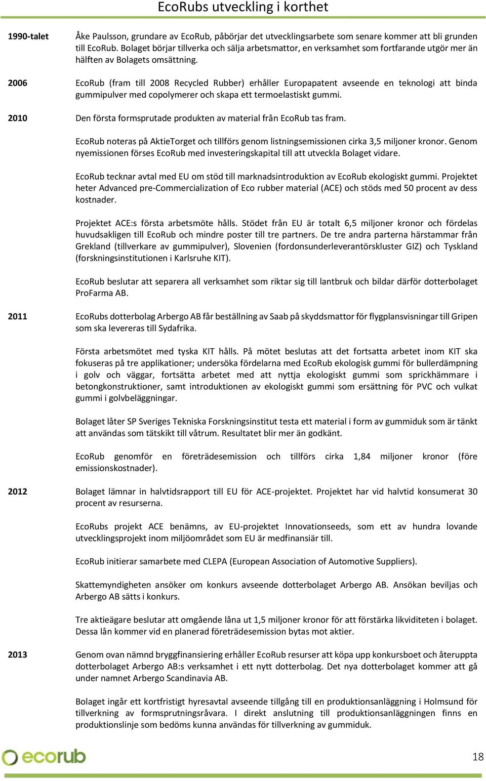 2006 EcoRub (fram till 2008 Recycled Rubber) erhåller Europapatent avseende en teknologi att binda gummipulver med copolymerer och skapa ett termoelastiskt gummi.