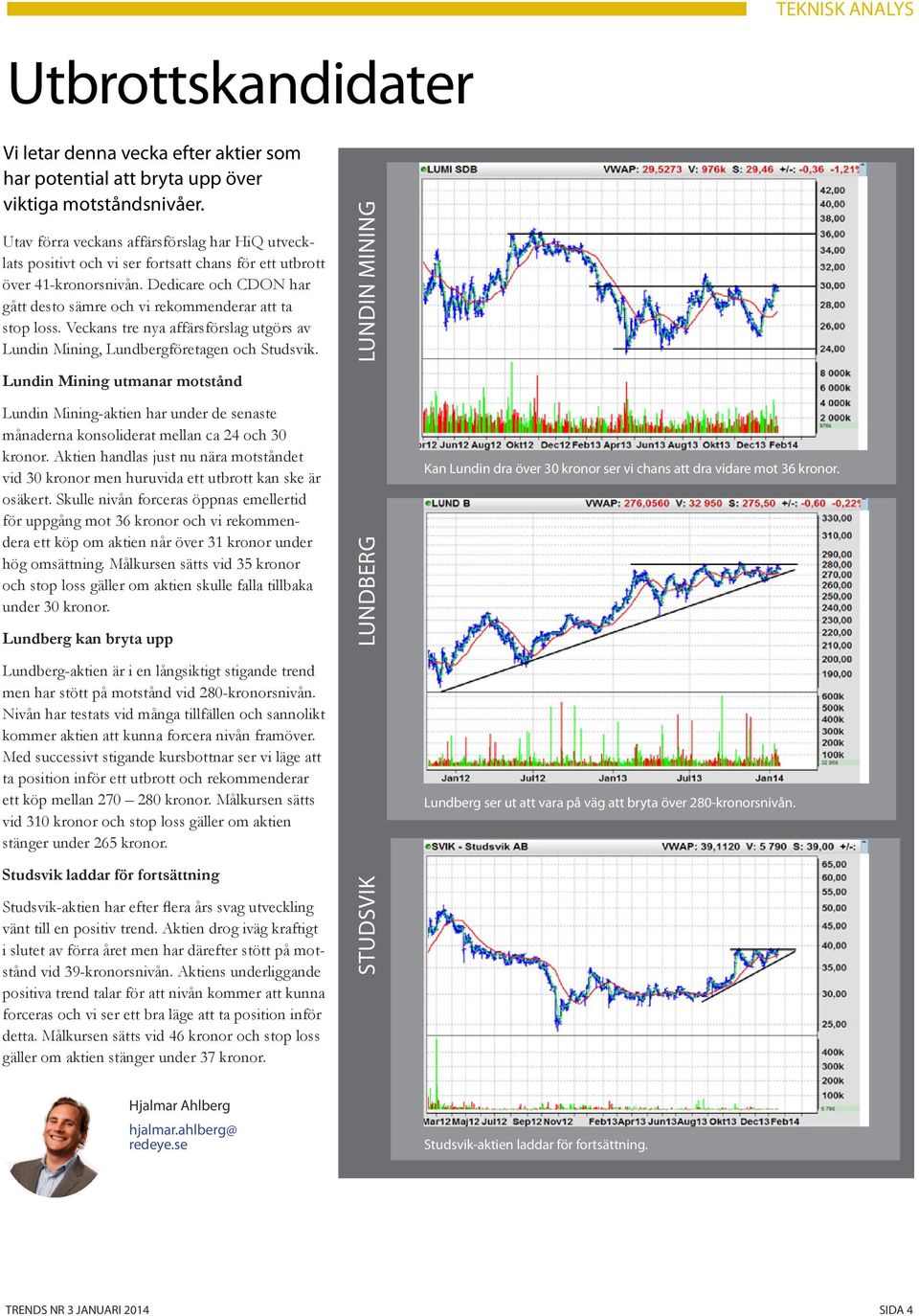 Dedicare och CDON har gått desto sämre och vi rekommenderar att ta stop loss. Veckans tre nya affärsförslag utgörs av Lundin Mining, Lundbergföretagen och Studsvik.