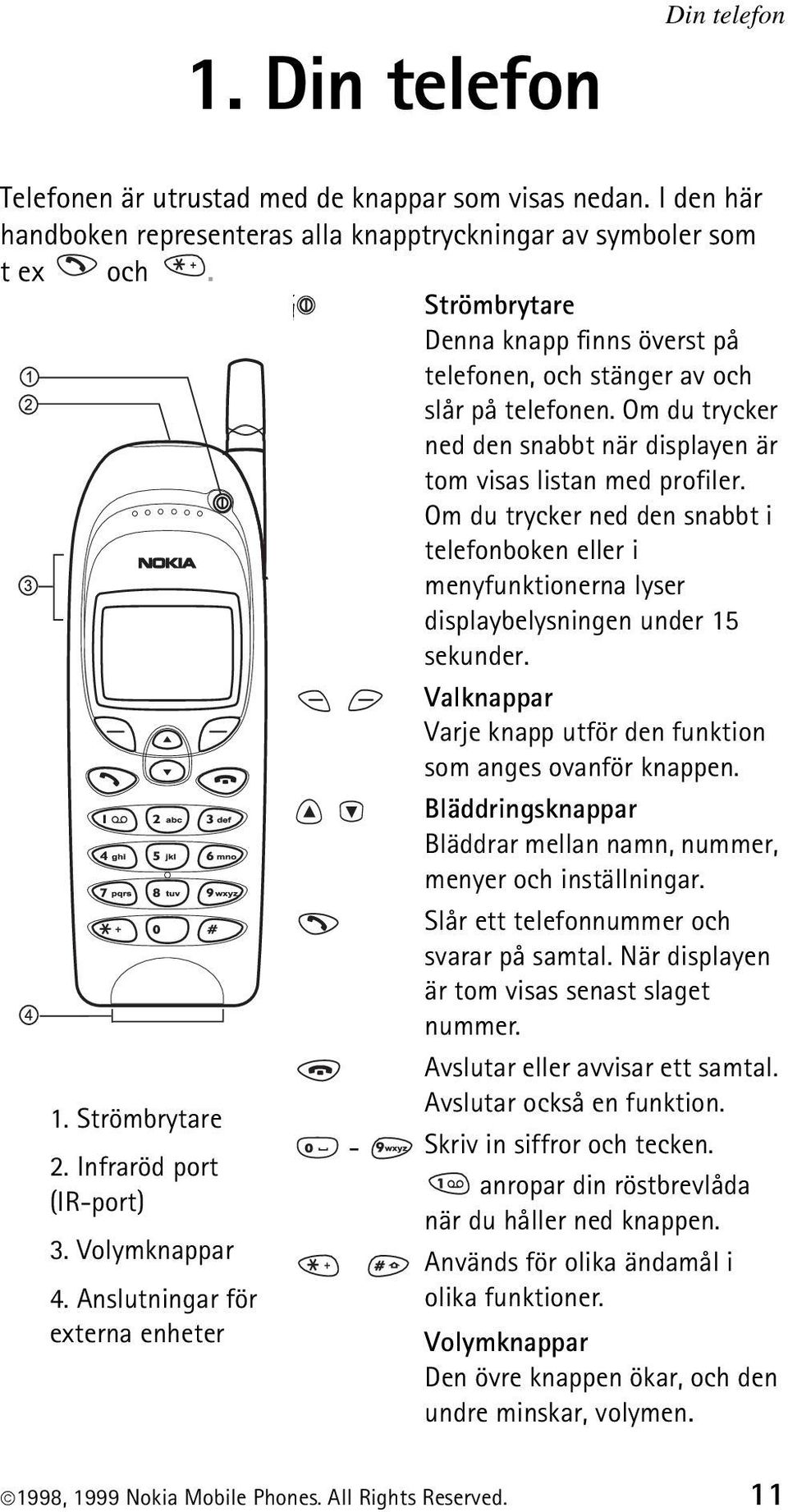 Om du trycker ned den snabbt i telefonboken eller i menyfunktionerna lyser displaybelysningen under 15 sekunder. 1. Strömbrytare 2. Infraröd port (IR-port) 3. Volymknappar 4.
