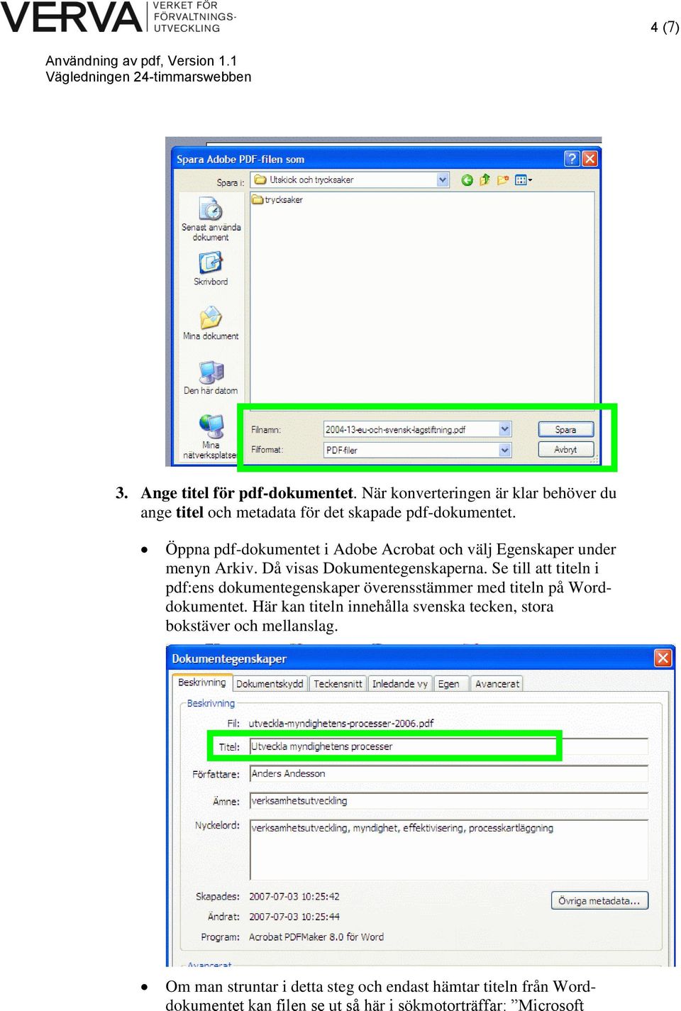 Se till att titeln i pdf:ens dokumentegenskaper överensstämmer med titeln på Worddokumentet.