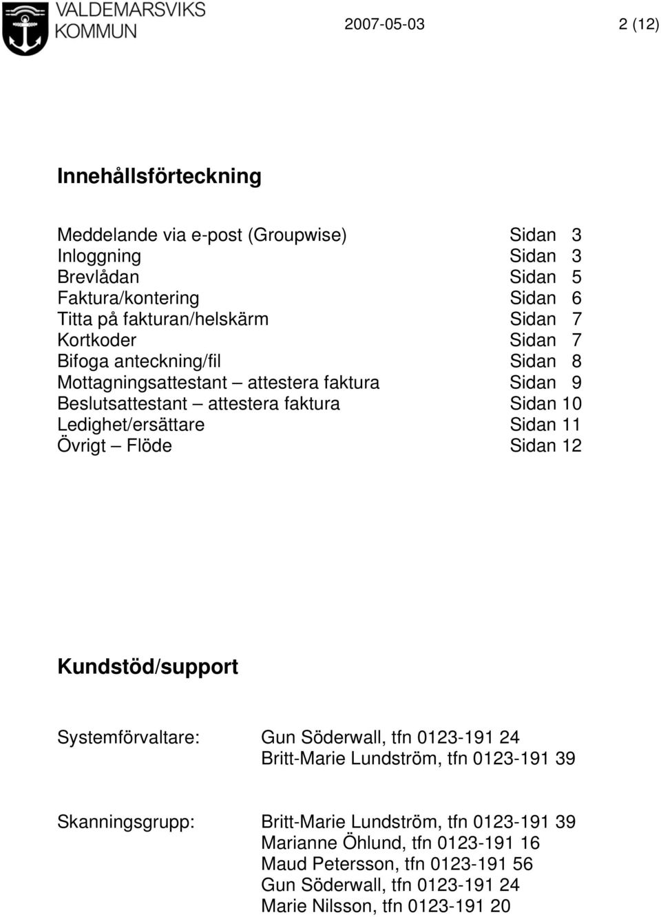 10 Ledighet/ersättare Sidan 11 Övrigt Flöde Sidan 12 Kundstöd/support Systemförvaltare: Gun Söderwall, tfn 0123-191 24 Britt-Marie Lundström, tfn 0123-191 39