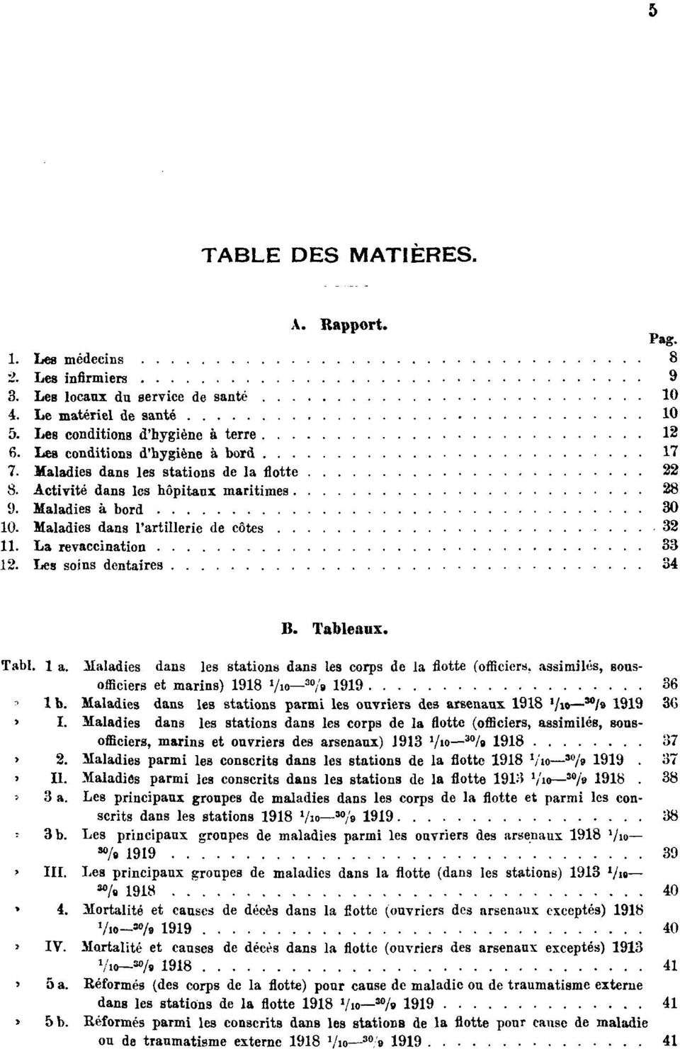La revaccination 33 12. Les soins dentaires 34 B. Tableaux. Tabl. 1 a.