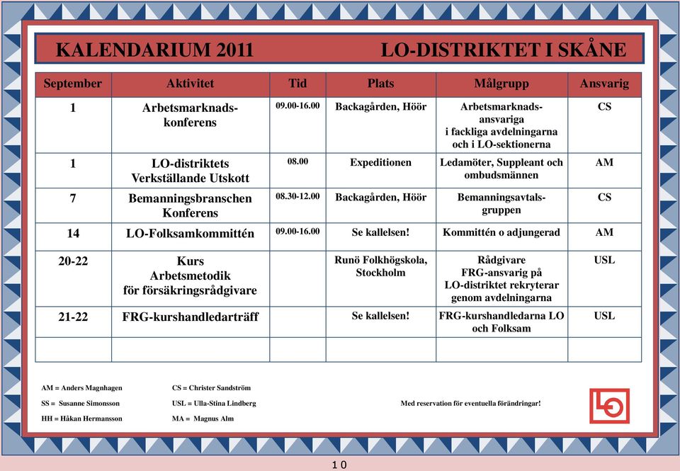 00 Backagården, Höör Bemanningsavtalsgruppen 14 LO-Folksamkommittén 09.00-16.00 Se kallelsen!