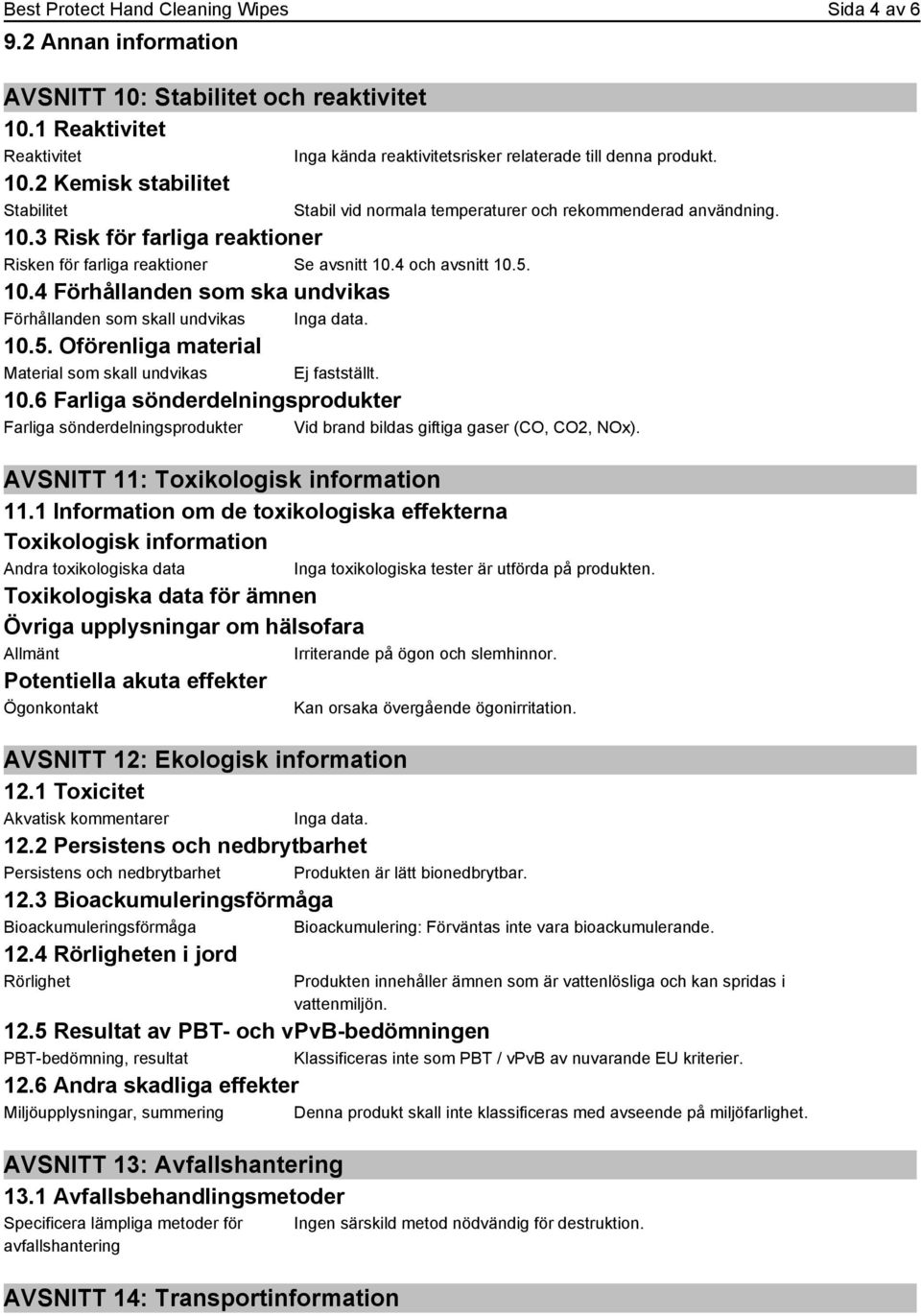 10.6 Farliga sönderdelningsprodukter Farliga sönderdelningsprodukter Vid brand bildas giftiga gaser (CO, CO2, NOx). Inga kända reaktivitetsrisker relaterade till denna produkt.