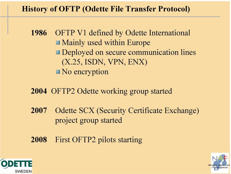 25, ISDN, VPN, ENX) No encryption 2004 OFTP2 Odette working group started 2007