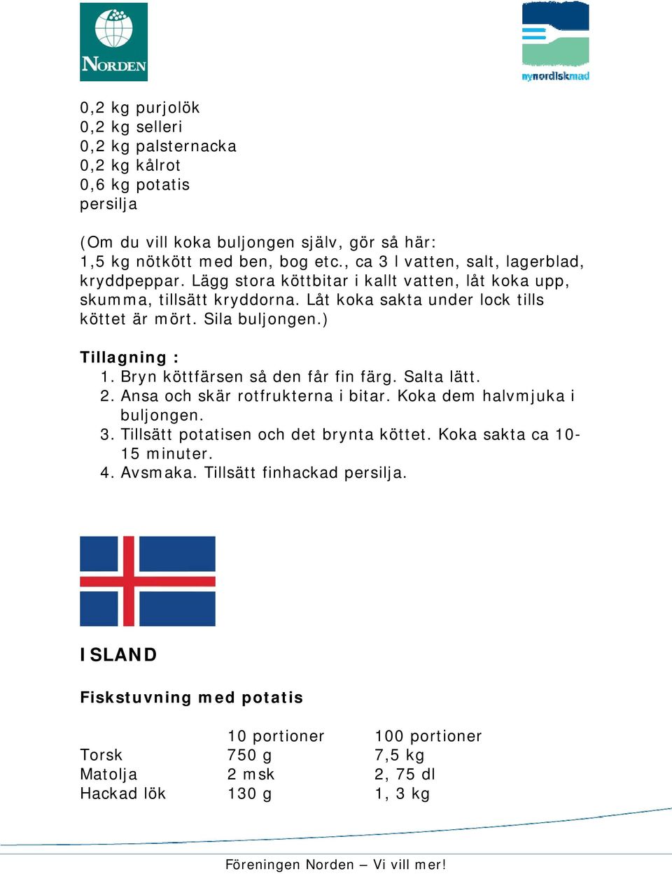Sila buljongen.) Tillagning : 1. Bryn köttfärsen så den får fin färg. Salta lätt. 2. Ansa och skär rotfrukterna i bitar. Koka dem halvmjuka i buljongen. 3.