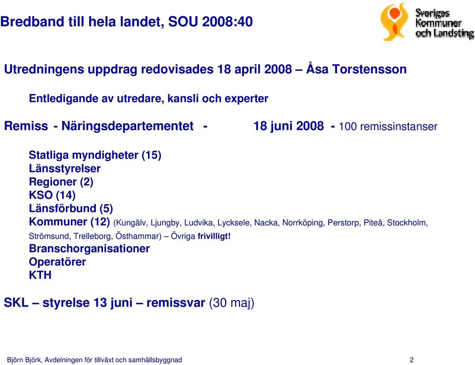 Länsförbund (5) Kommuner (12) (Kungälv, Ljungby, Ludvika, Lycksele, Nacka, Norrköping, Perstorp, Piteå, Stockholm, Strömsund, Trelleborg,