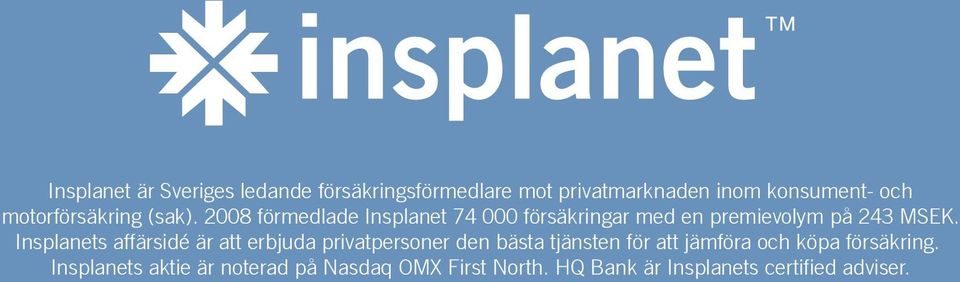 2008 förmedlade Insplanet 74 000 försäkringar med en premievolym på 243 MSEK.