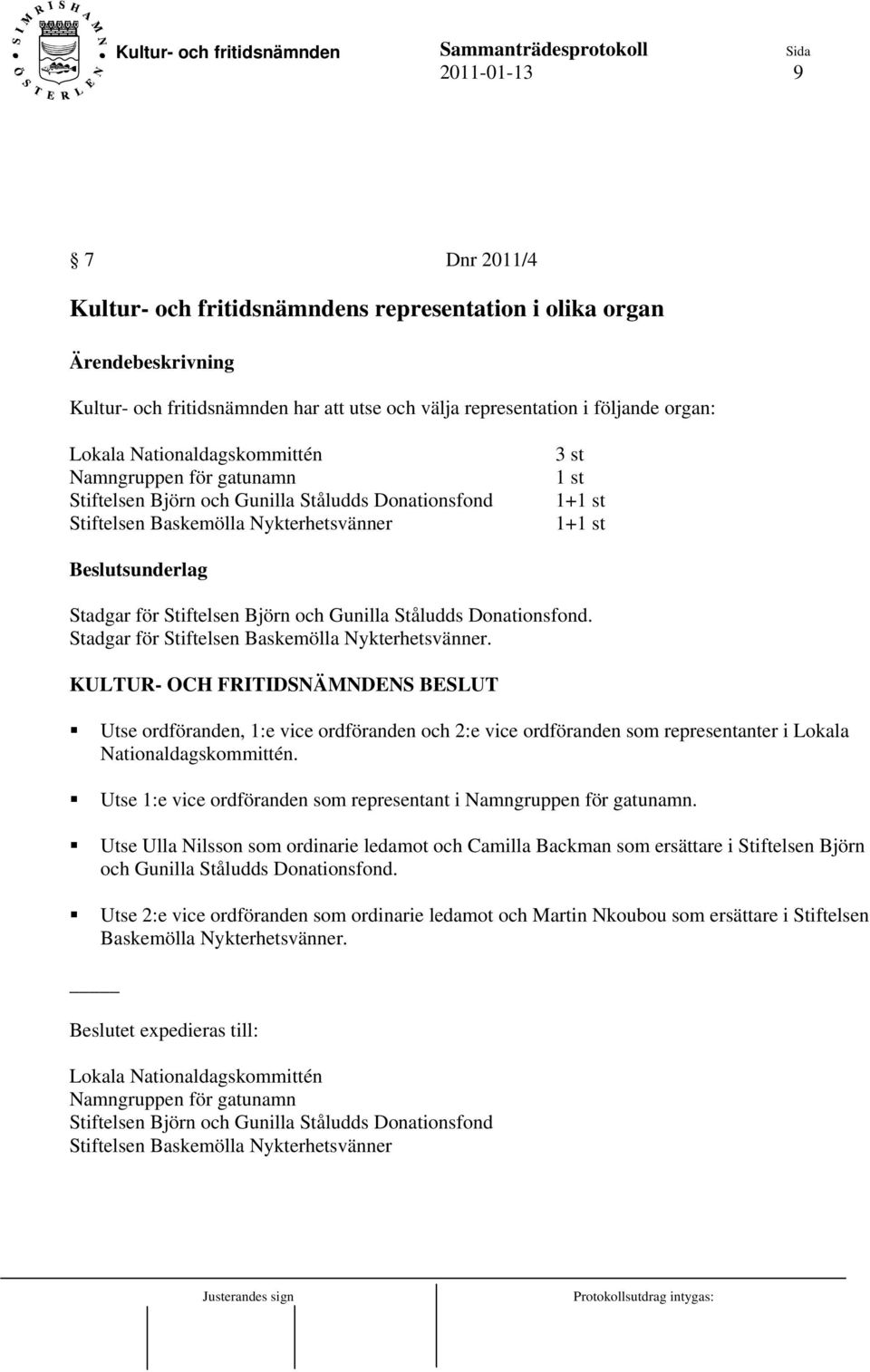 Donationsfond. Stadgar för Stiftelsen Baskemölla Nykterhetsvänner. Utse ordföranden, 1:e vice ordföranden och 2:e vice ordföranden som representanter i Lokala Nationaldagskommittén.