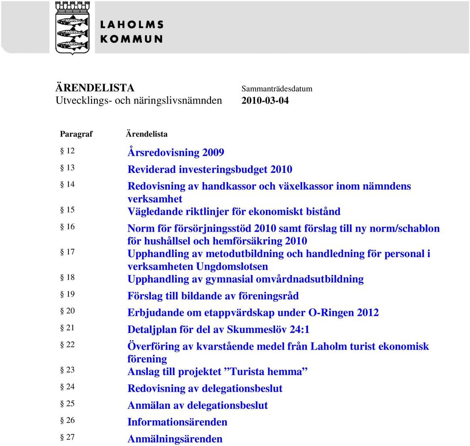 personal i verksamheten Ungdomslotsen 18 Upphandling av gymnasial omvårdnadsutbildning 19 Förslag till bildande av föreningsråd 20 Erbjudande om etappvärdskap under O-Ringen 2012 21 Detaljplan för