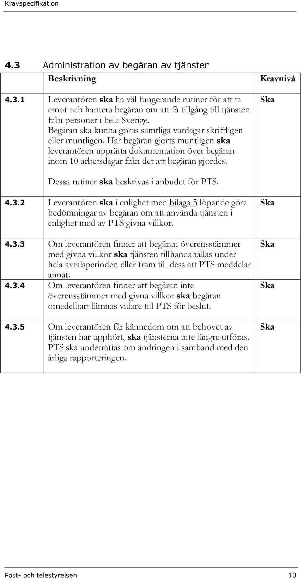 Har begäran gjorts muntligen ska leverantören upprätta dokumentation över begäran inom 10 arbetsdagar från det att begäran gjordes. Dessa rutiner ska beskrivas i anbudet för PTS. 4.3.